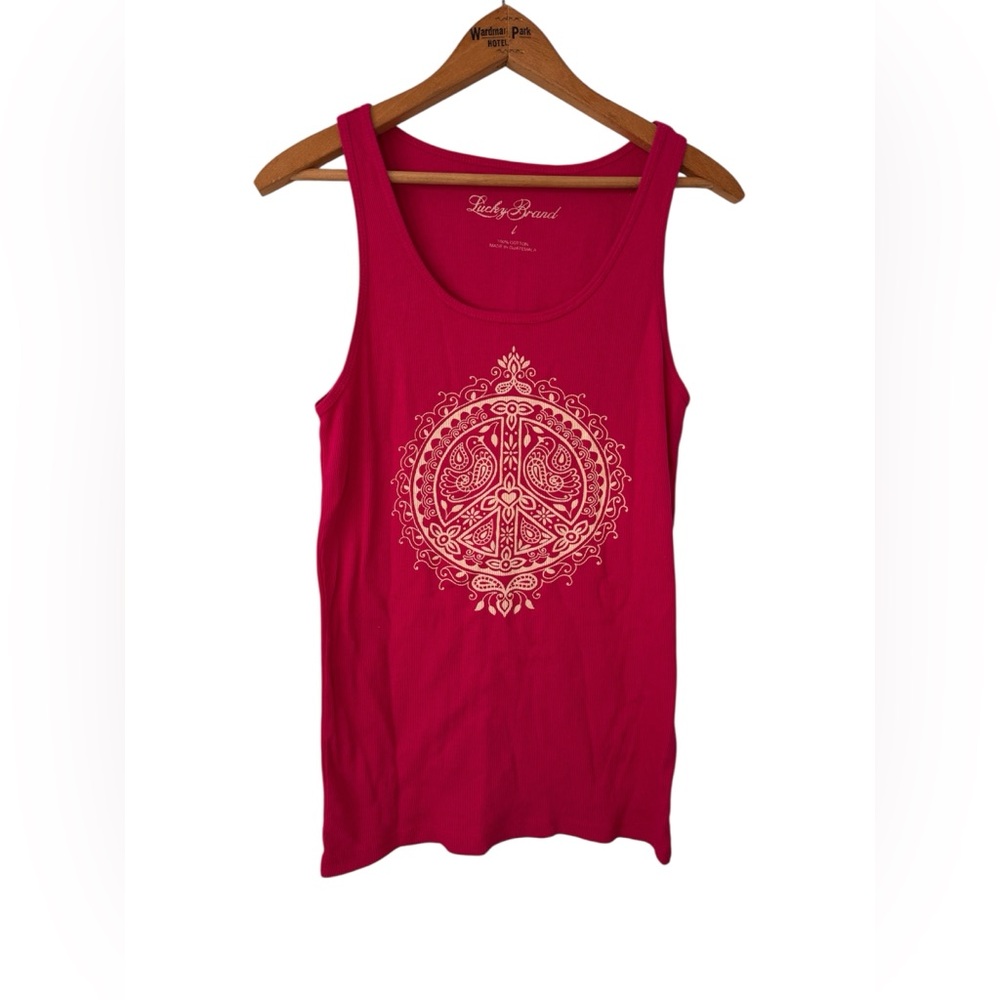 Lucky Brand Pink Paisley Peace Tank Top Ribbed Cotton Boho Graphic Sleeveless